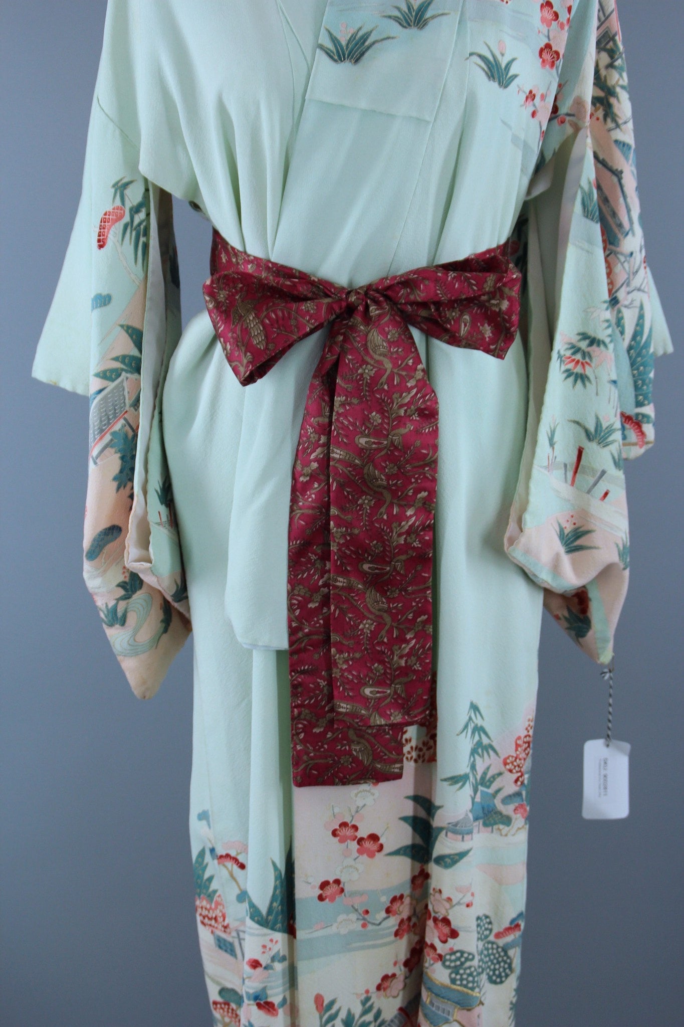 1950s Vintage Silk Kimono Robe / Mint Green & Floral Print