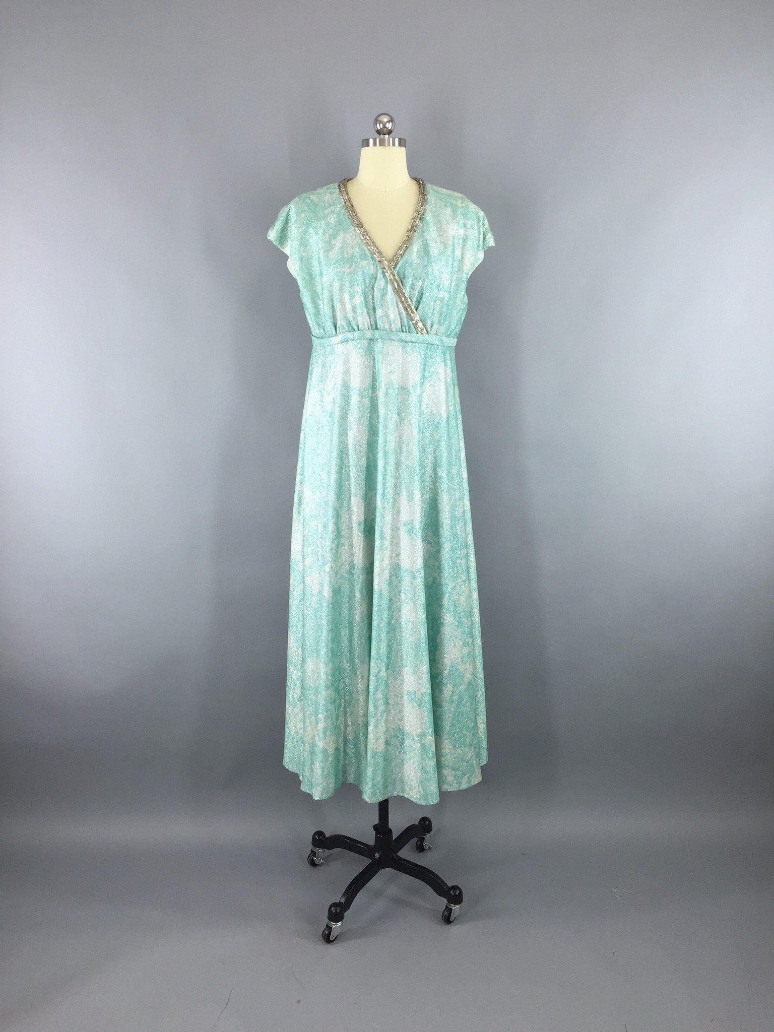 1960s Vintage Blue Silver LUREX Grecian Goddess Maxi Dress