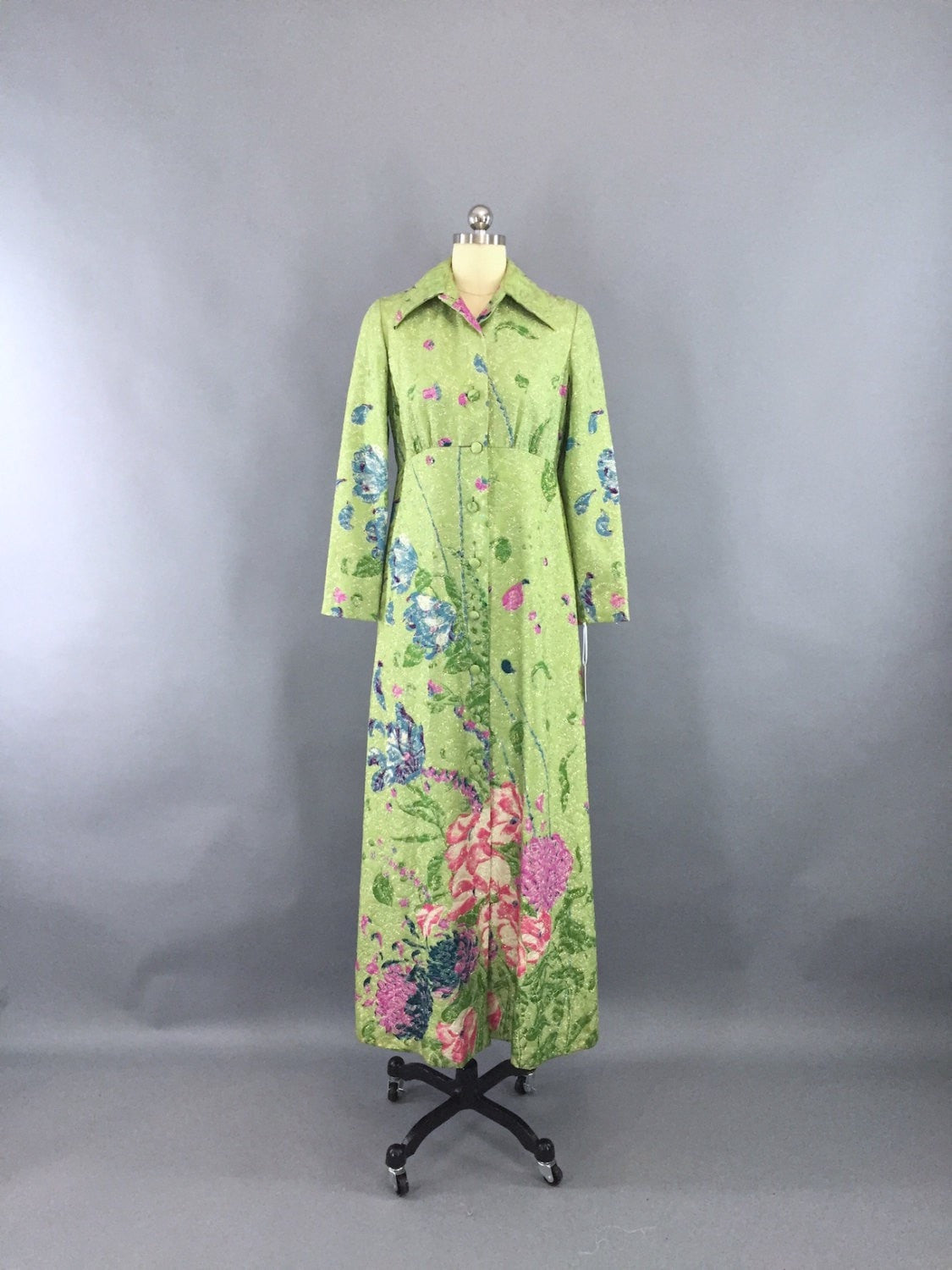 1960s Vintage Green Floral Brocade Hostess Maxi Dress Coat 1923