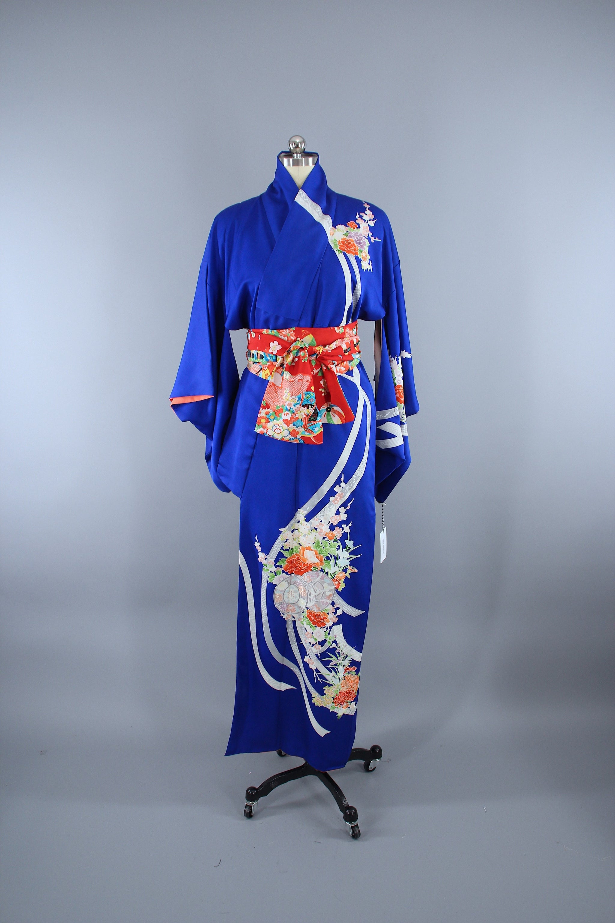 1960s Vintage Kimono Robe / Royal Blue Floral