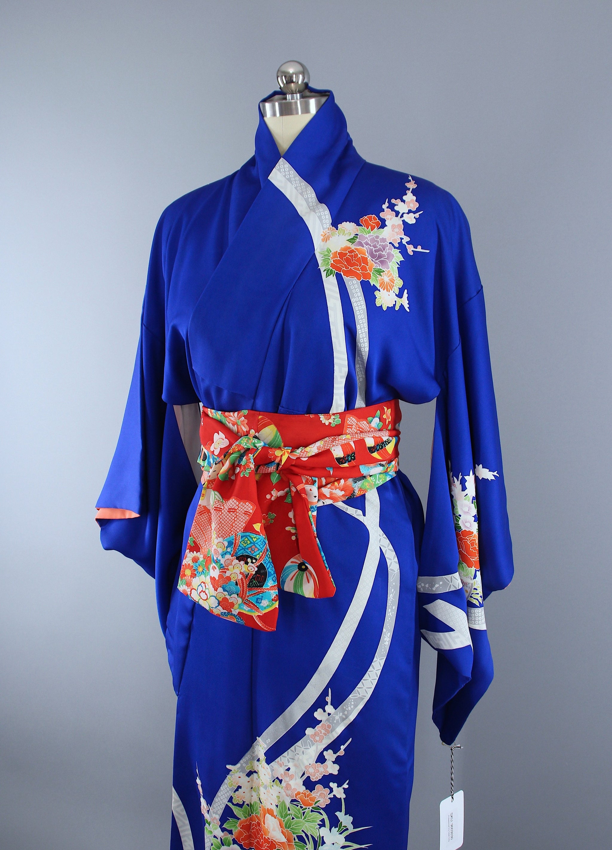 1960s Vintage Kimono Robe / Royal Blue Floral