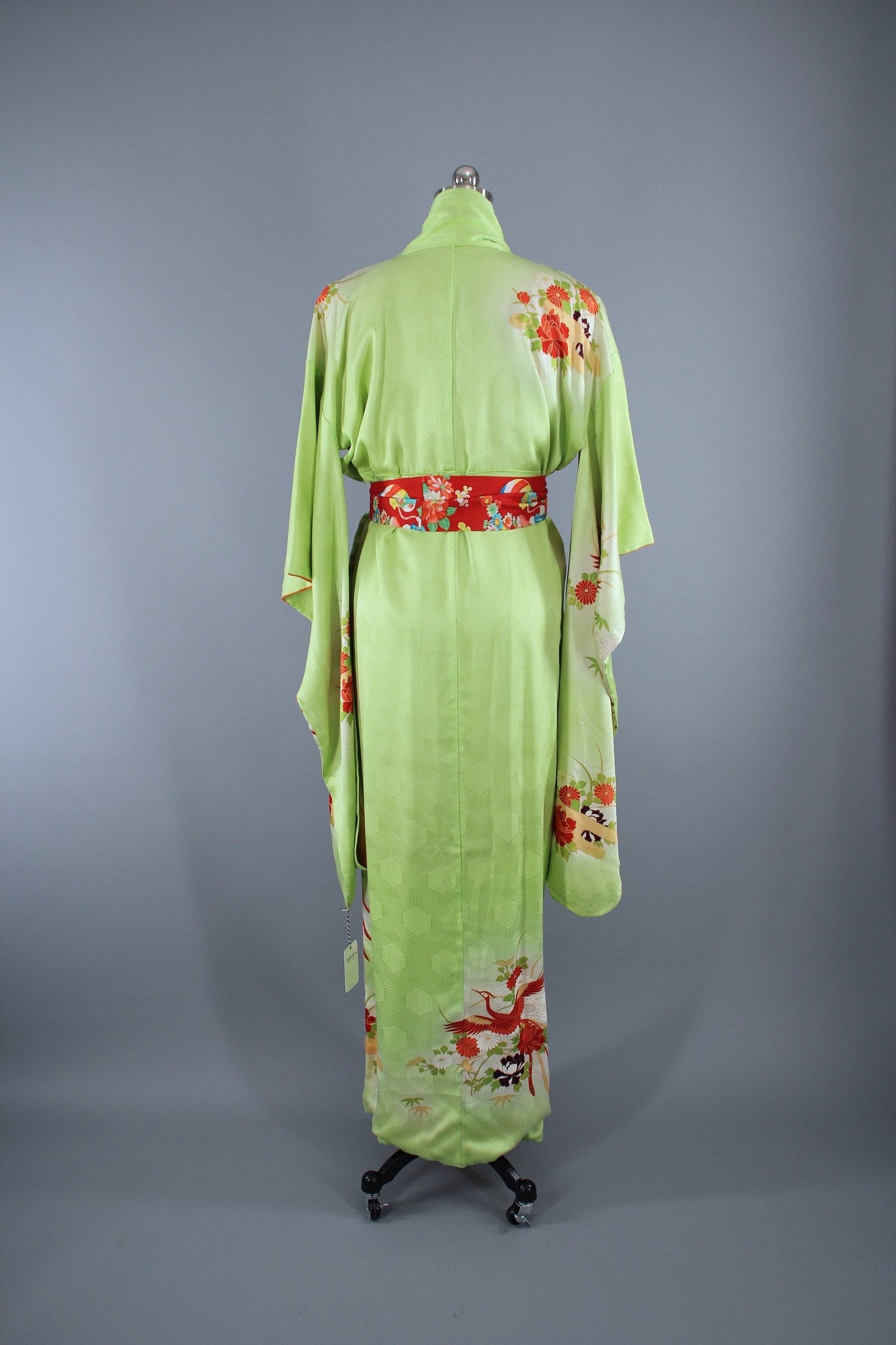 1960s Vintage Silk Kimono Robe Furisode / Bright Apple Green Phoenix B ...