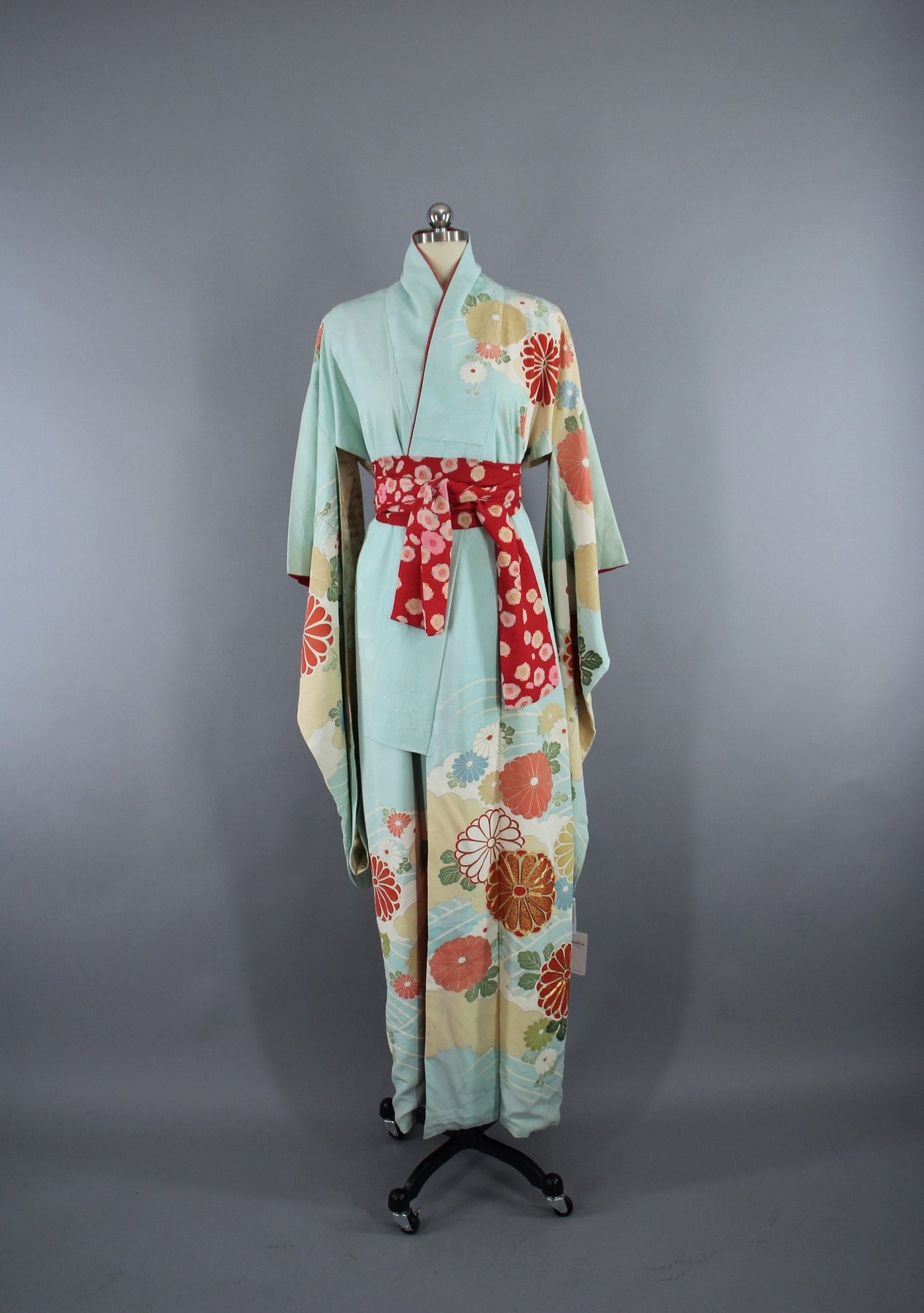 1960s Vintage Silk Kimono Robe Furisode in Aqua & Orange Floral Print ...