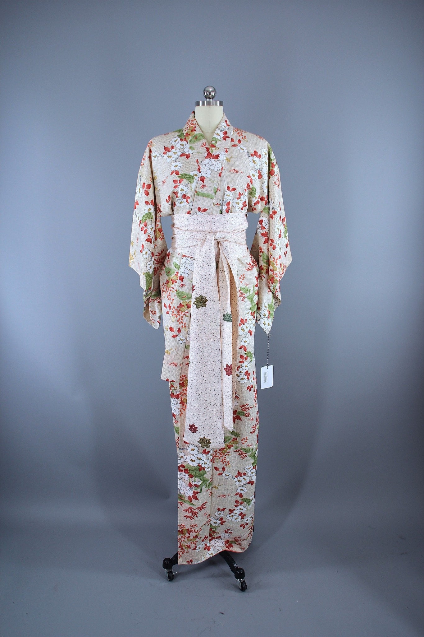 1960s Vintage Silk Kimono Robe / Ivory Cherry Blossom Floral Print ...