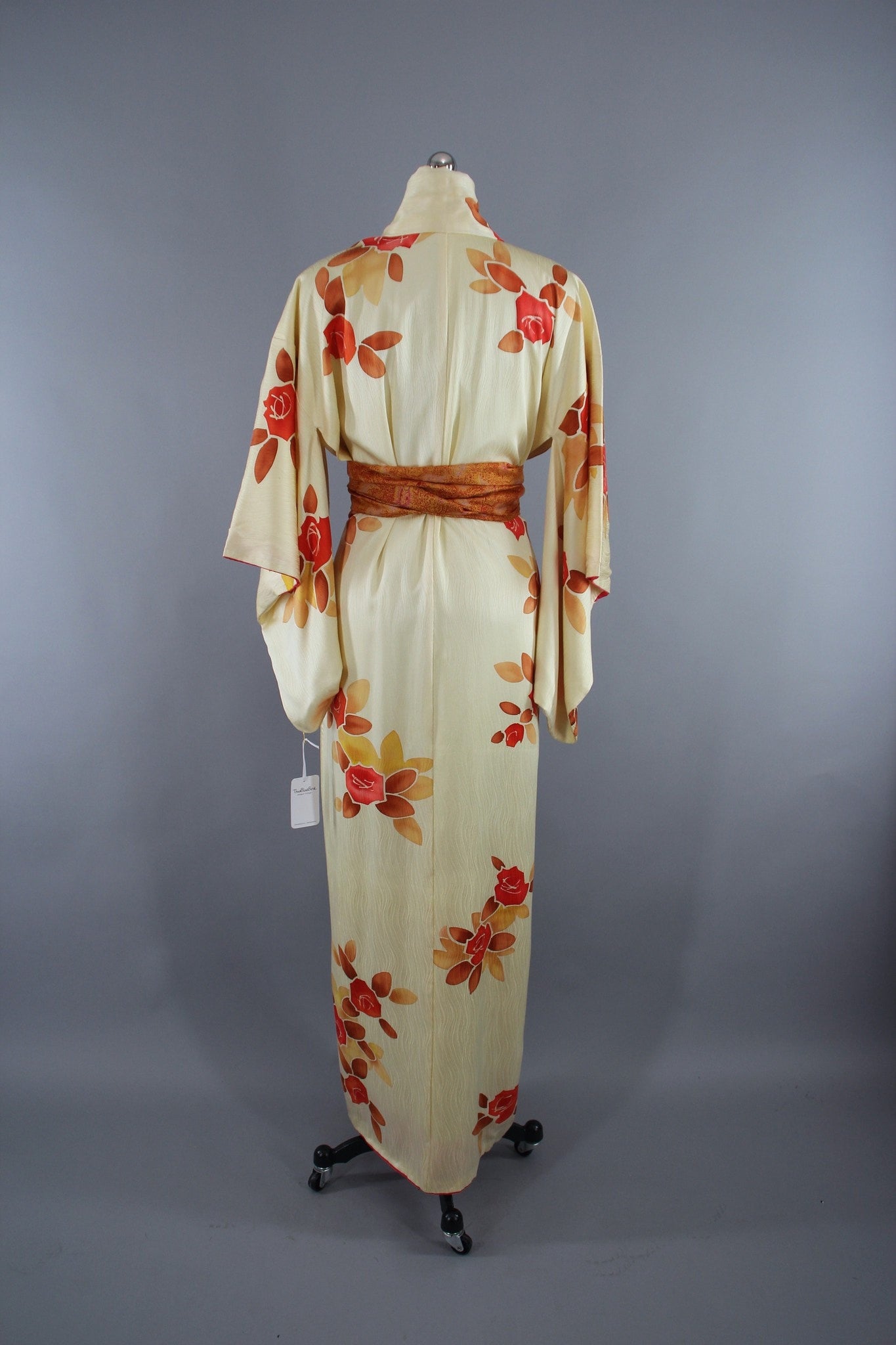 1960s Vintage Silk Kimono Robe with Ivory & Orange Floral Print ...