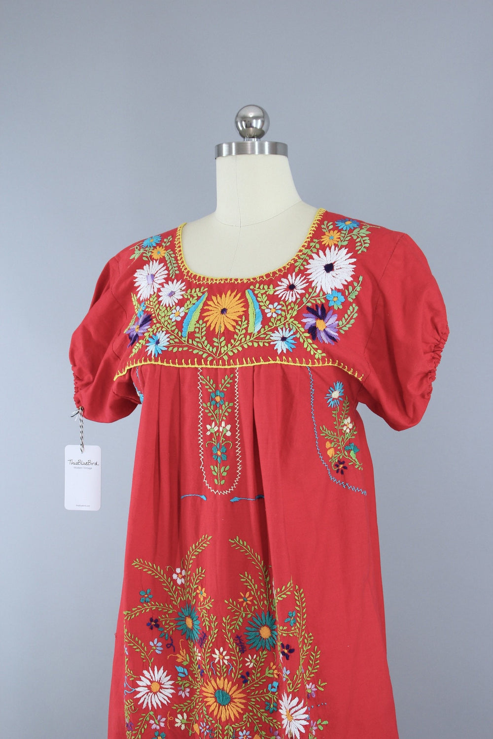 1970s Vintage Red Mexican Oaxacan Embroidered Huipil Caftan Dress