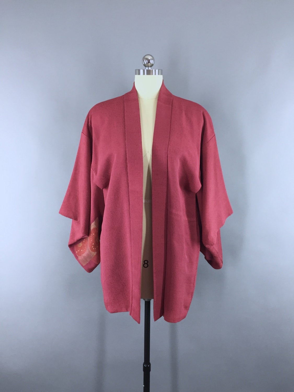 1970s Vintage Silk Haori Kimono Jacket with Brick Red Floral Urushi Em