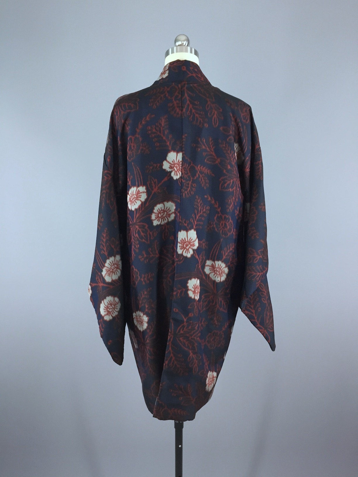 1980s Vintage Haori Kimono Cardigan / Navy and Red Floral Print ...