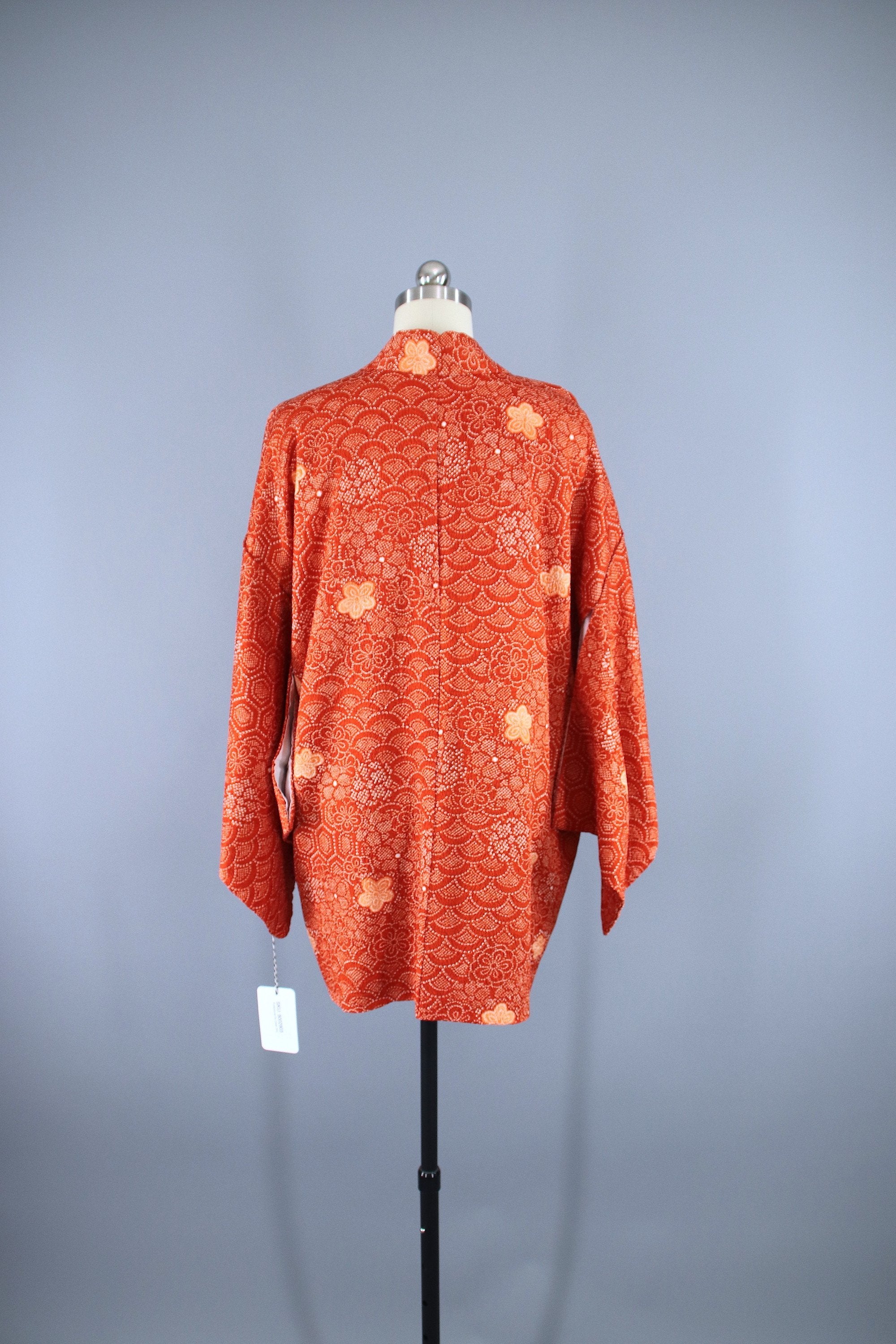 1980s Vintage Haori Kimono Jacket Cardigan / Orange & White Shibori