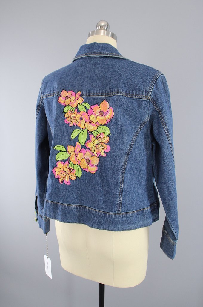 Embroidered Pink Orange Hawaiian Floral Denim Jacket – ThisBlueBird