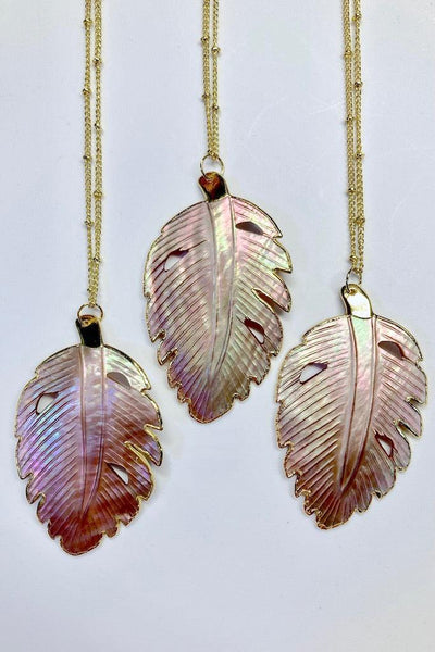 Giant Carved Pink Shell Leaf Necklace-ThisBlueBird
