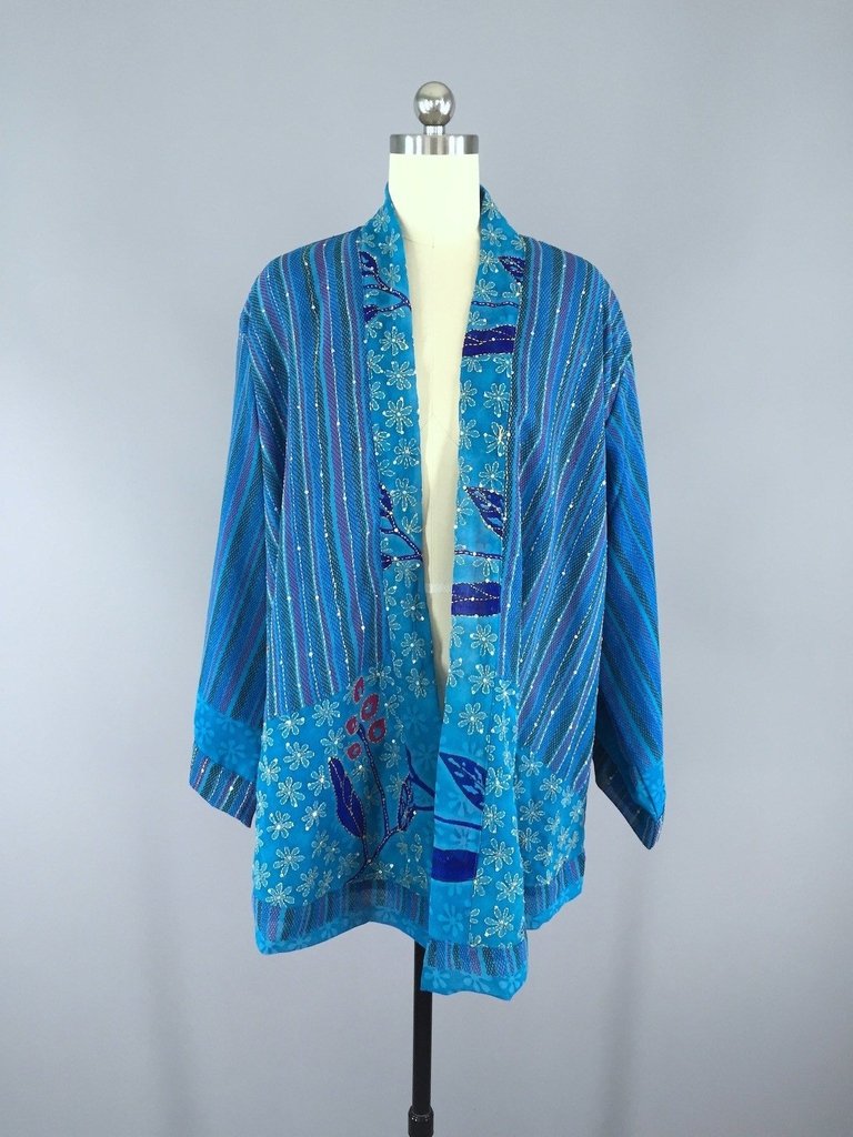 Silk Kimono Cardigan / Vintage Indian Sari / Blue Floral – ThisBlueBird