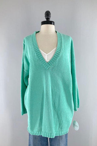 Vintage Mint Green V-Neck Sweater-ThisBlueBird