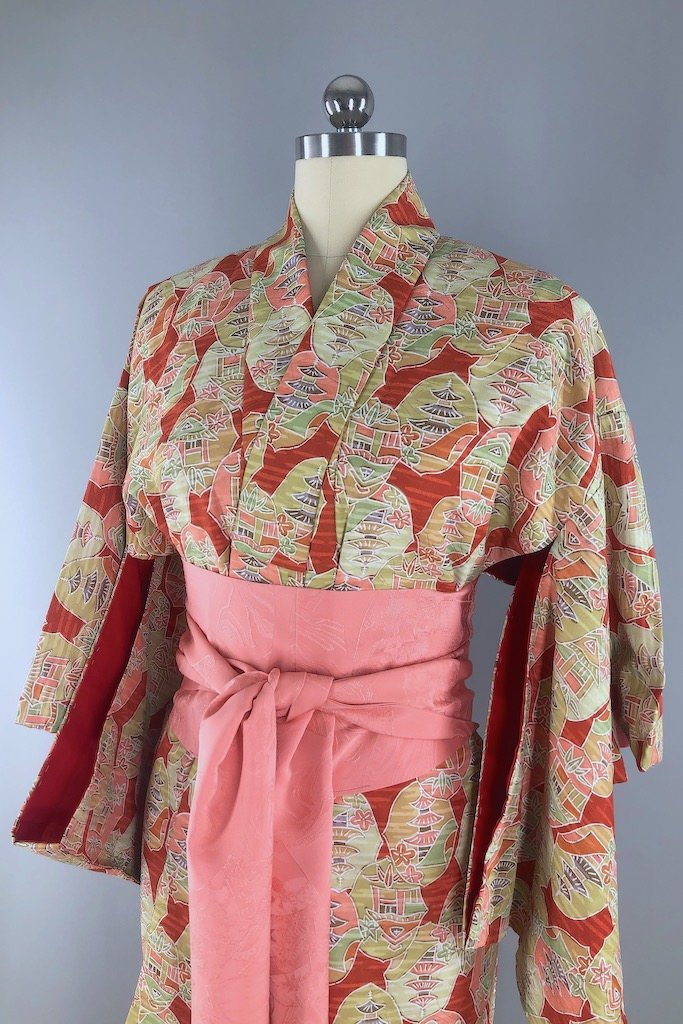 Vintage Pink Pagodas Silk Kimono Robe – ThisBlueBird