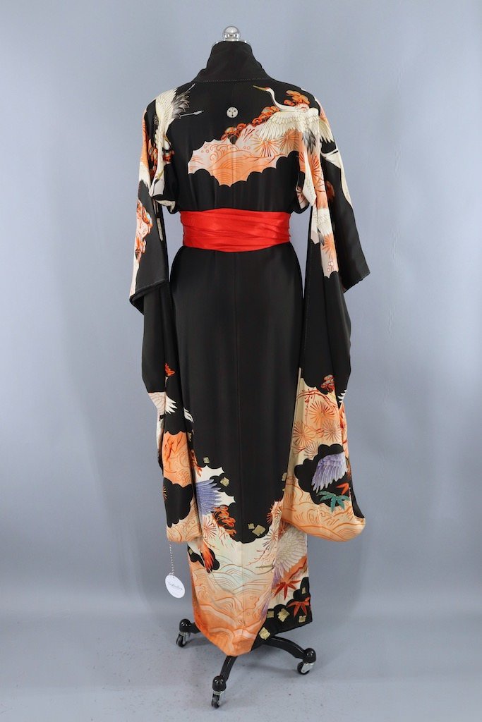 Antique 1910s Black Cranes Silk Kimono Furisode