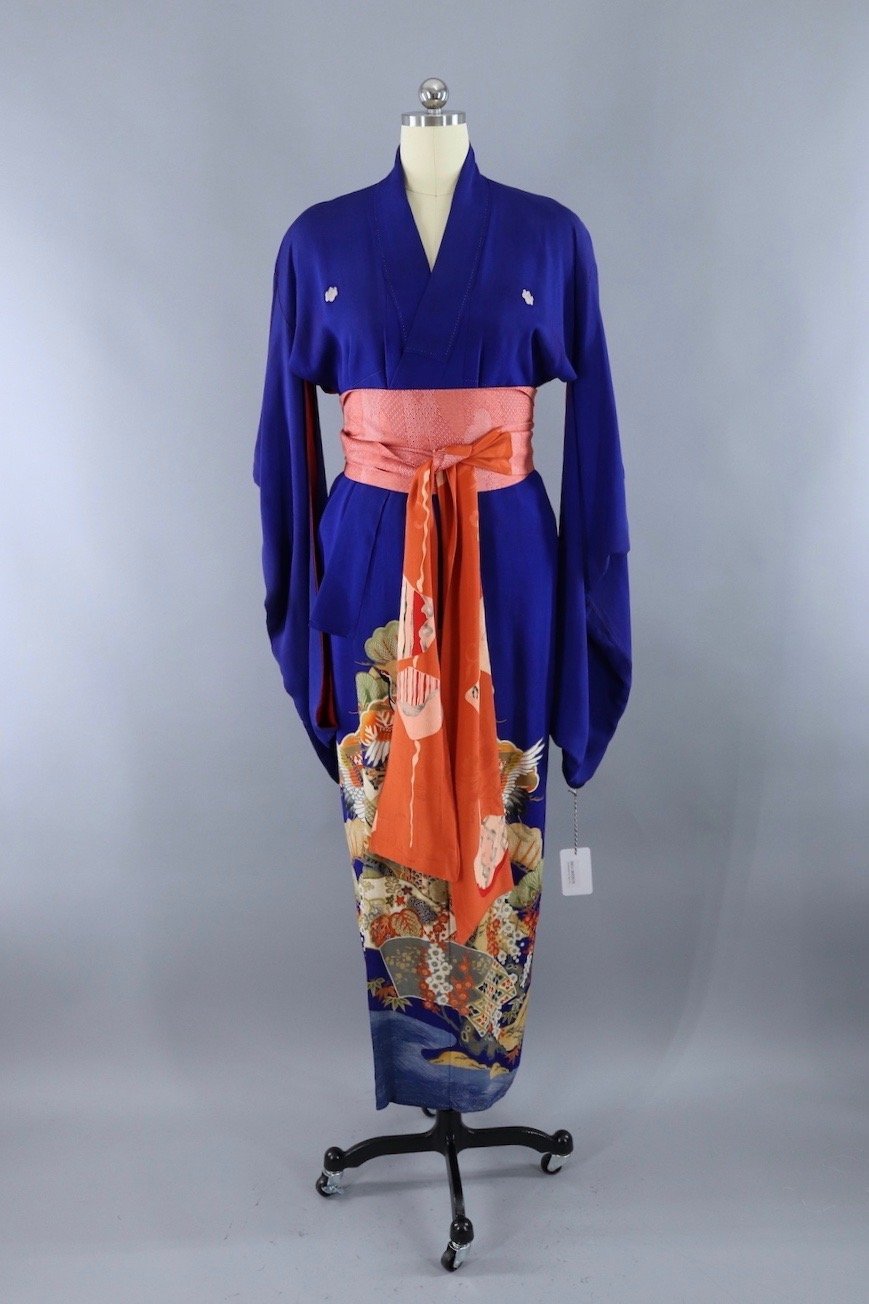 Antique Silk Kimono Robe / Royal Blue Flying Cranes Print – ThisBlueBird