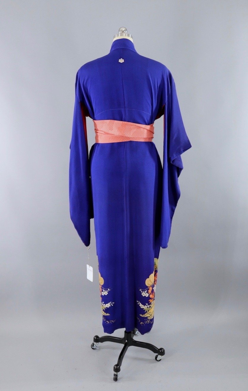 Antique Silk Kimono Robe / Royal Blue Flying Cranes Print – ThisBlueBird