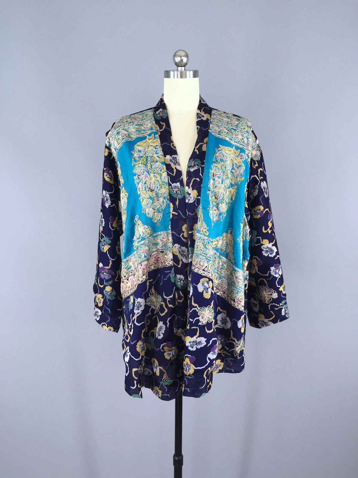 Silk Chiffon Sari Kimono Cardigan / Blue Gold Pansy Print