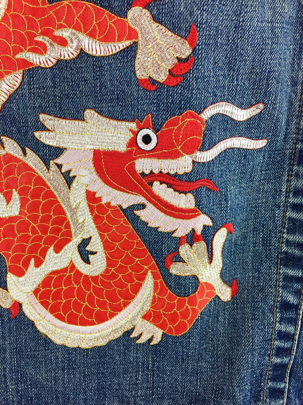 Denim Jean Jacket with Red Asian DRAGON Embroidery Appliqué