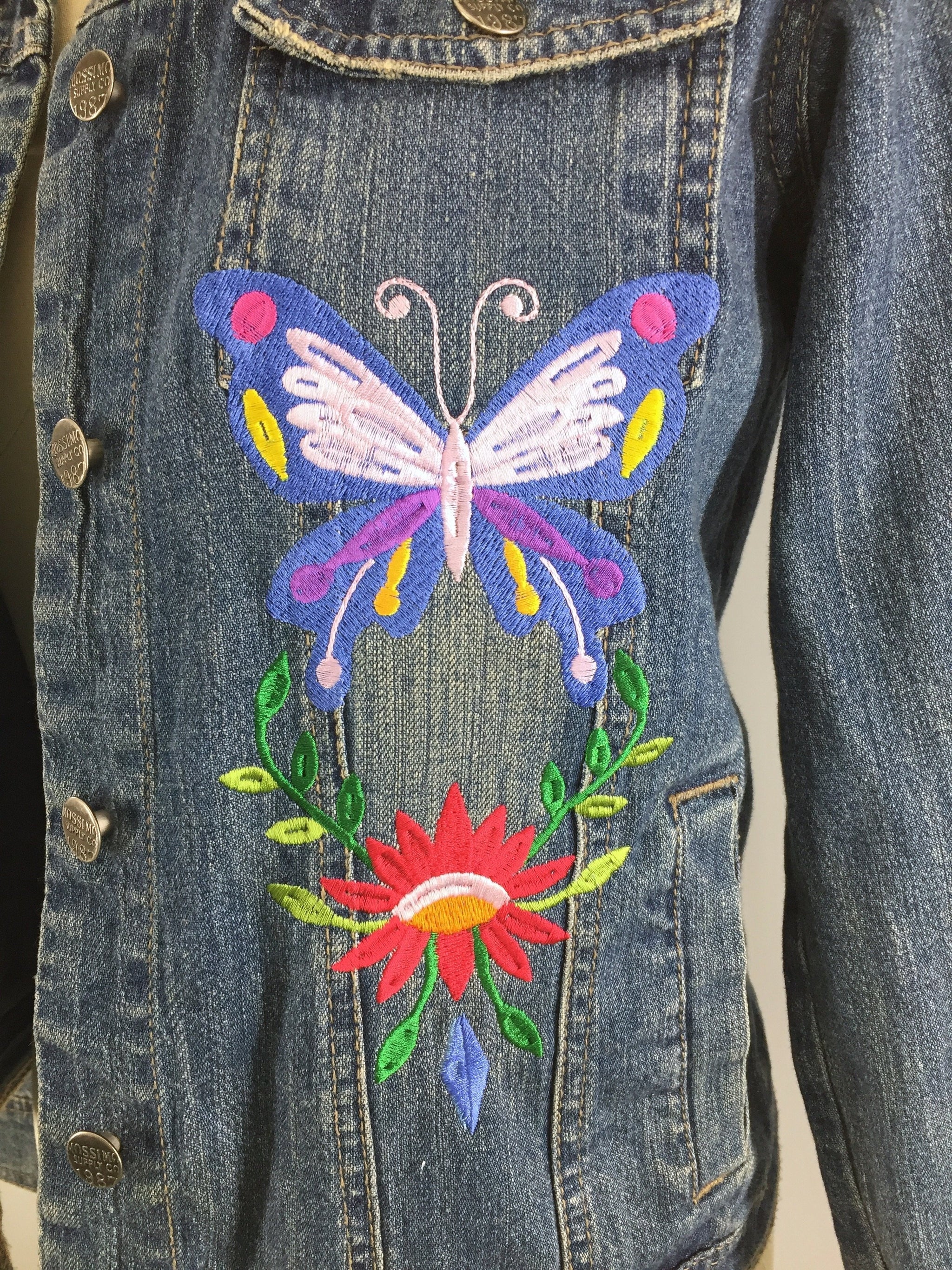 Embroidered Denim Jacket Butterfly Birds Floral Folk Embroidery