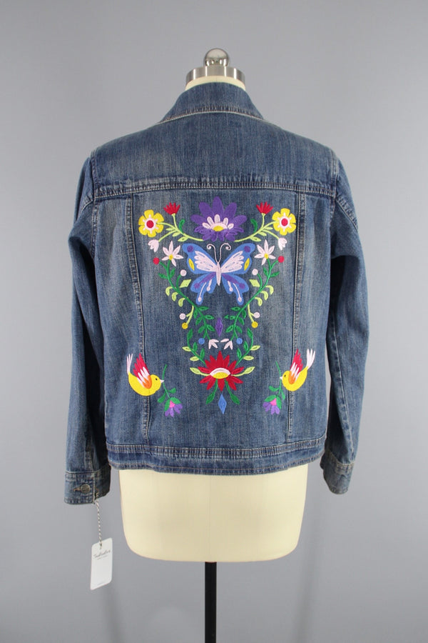 Embroidered Denim Jacket / Butterfly Birds Floral Folk Embroidery