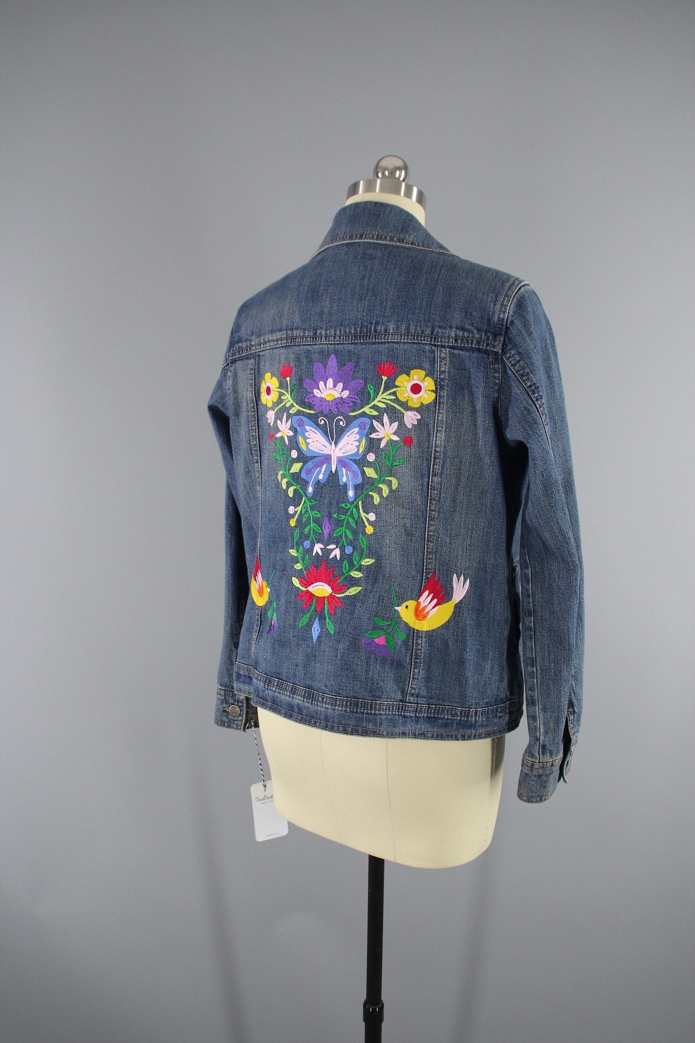 Embroidered Denim Jacket / Butterfly Birds Floral Folk Embroidery