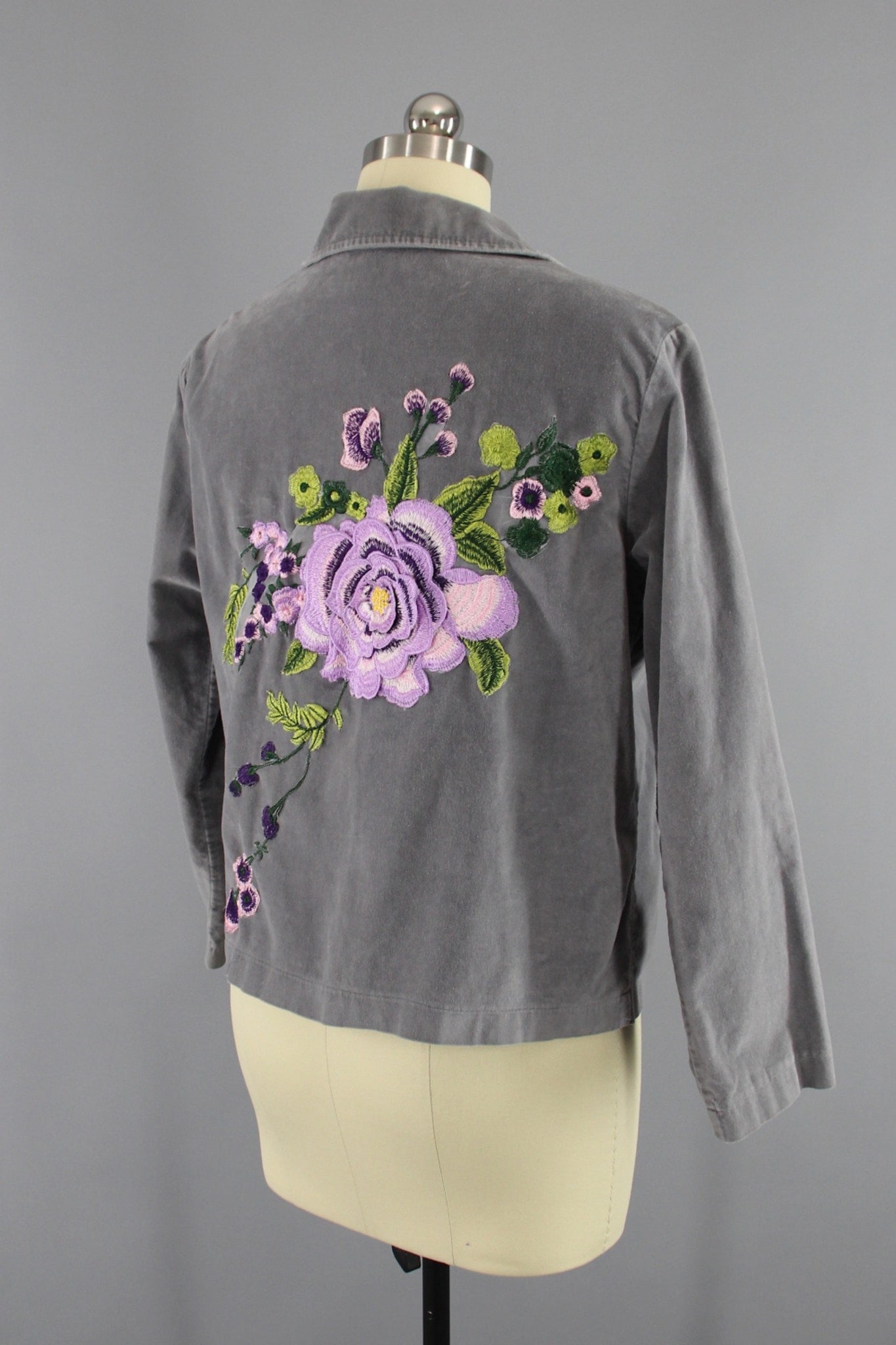 Grey Velvet Embroidered Jacket with Lavender Purple Floral Embroidery