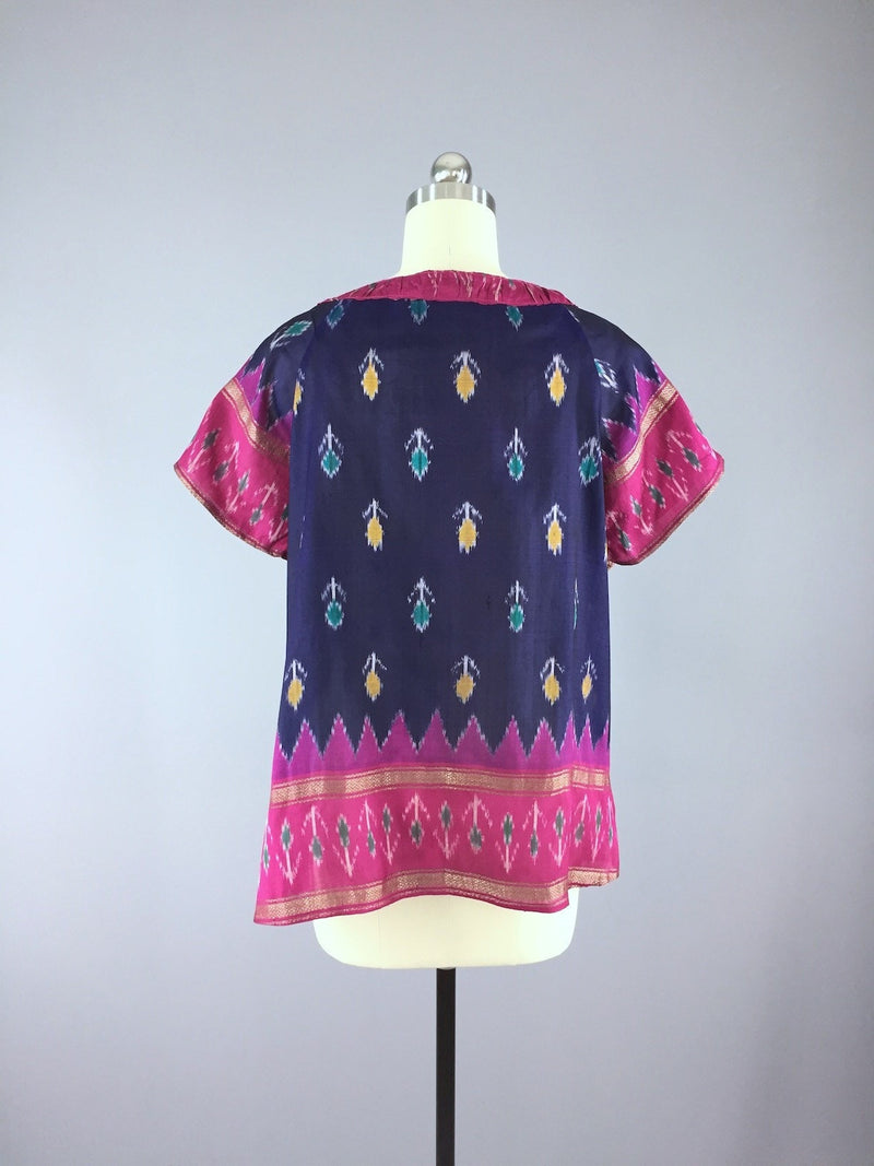 India Silk T-Shirt Blouse / Vintage Indian Sari / Blue and Pink Ikat