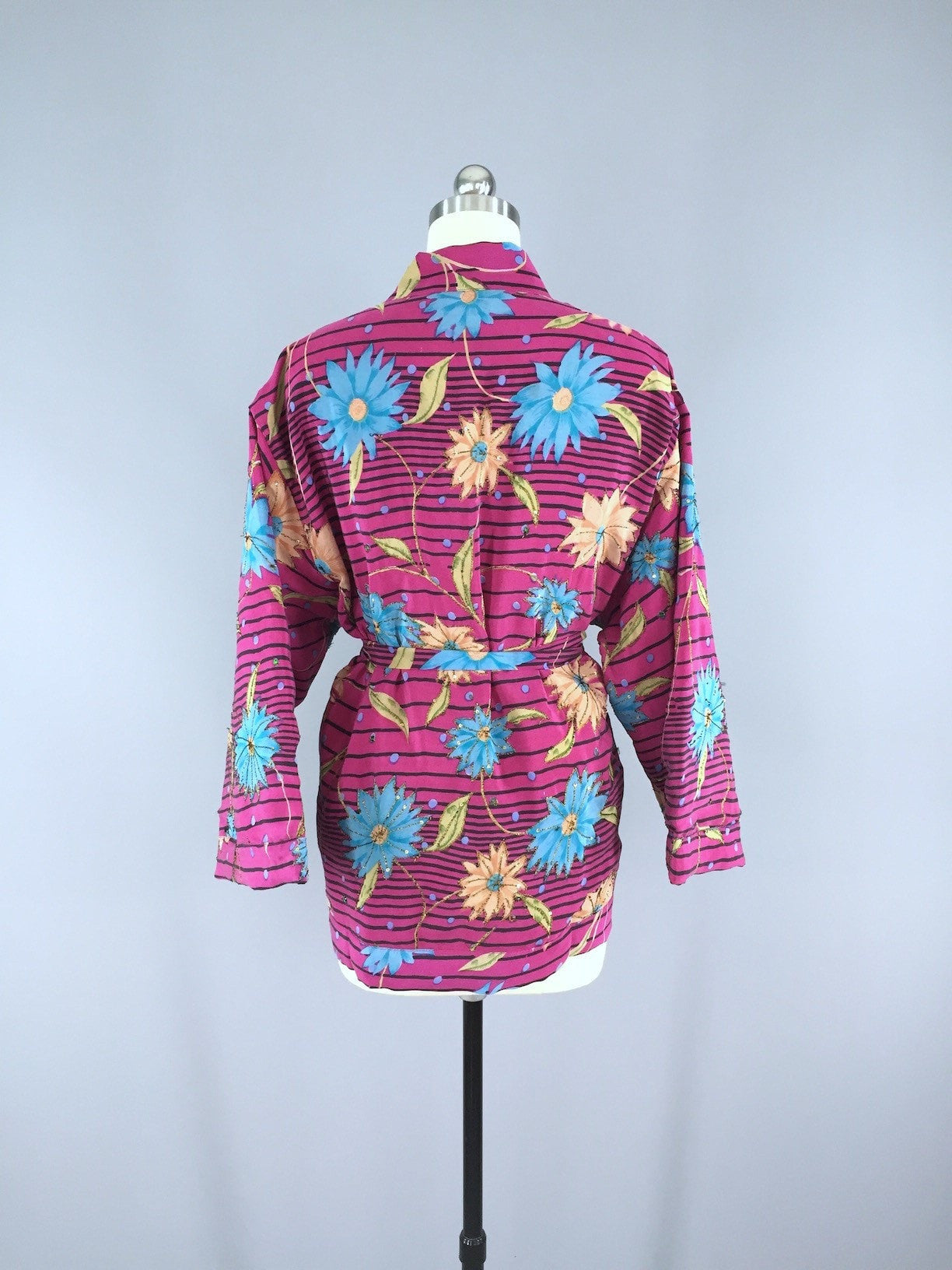 Silk Kimono Cardigan / Vintage Indian Sari / Magenta Striped Floral ...