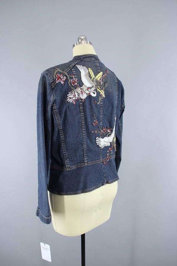 Denim Jacket with Asian Cranes Birds Embroidered Patch