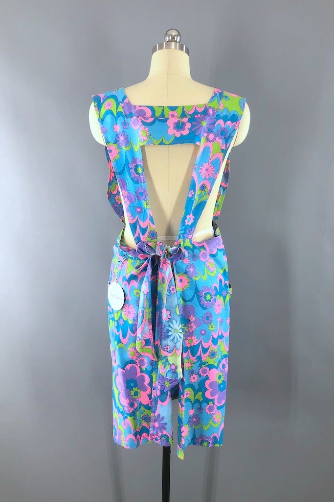 Mod Blue Floral Print Cotton Smock Apron