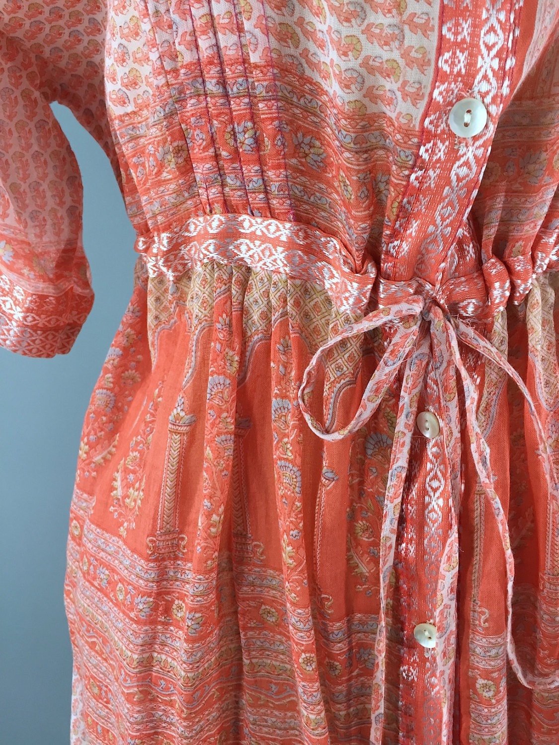 Peach Floral Print Indian Cotton Dress made from a Vintage Sari Dress