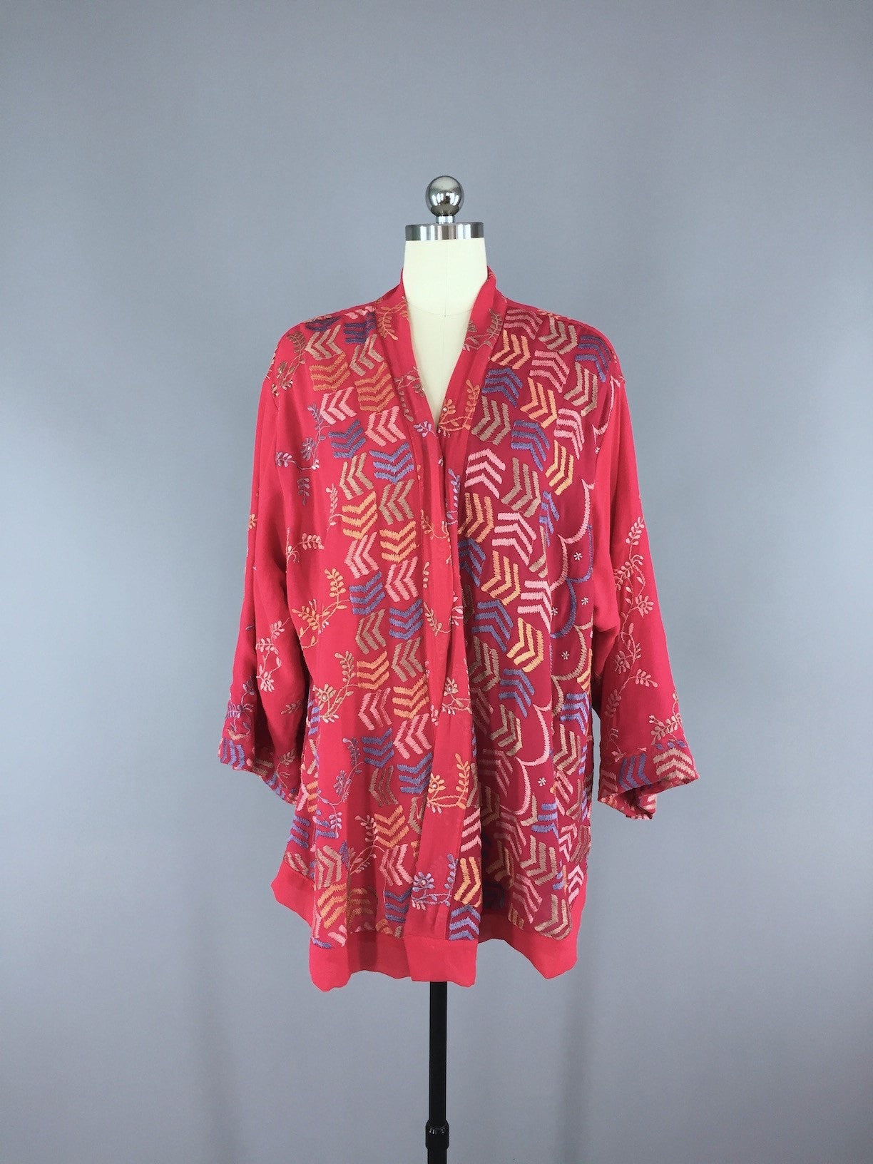 Silk Chiffon Sari Kimono Cardigan / Red Chevron Embroidery