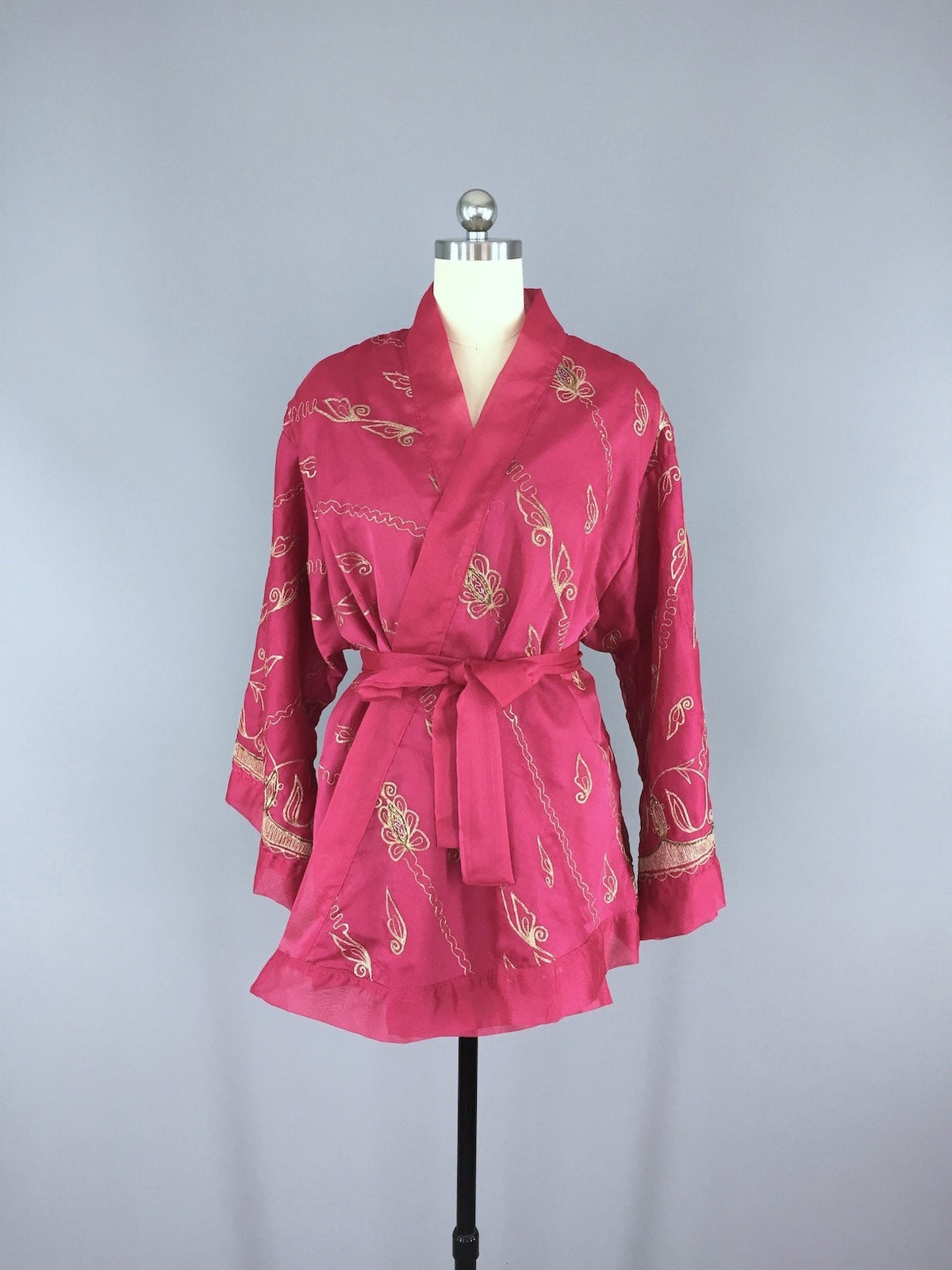 Silk Chiffon Sari Kimono Cardigan / Pink & Gold Embroidery