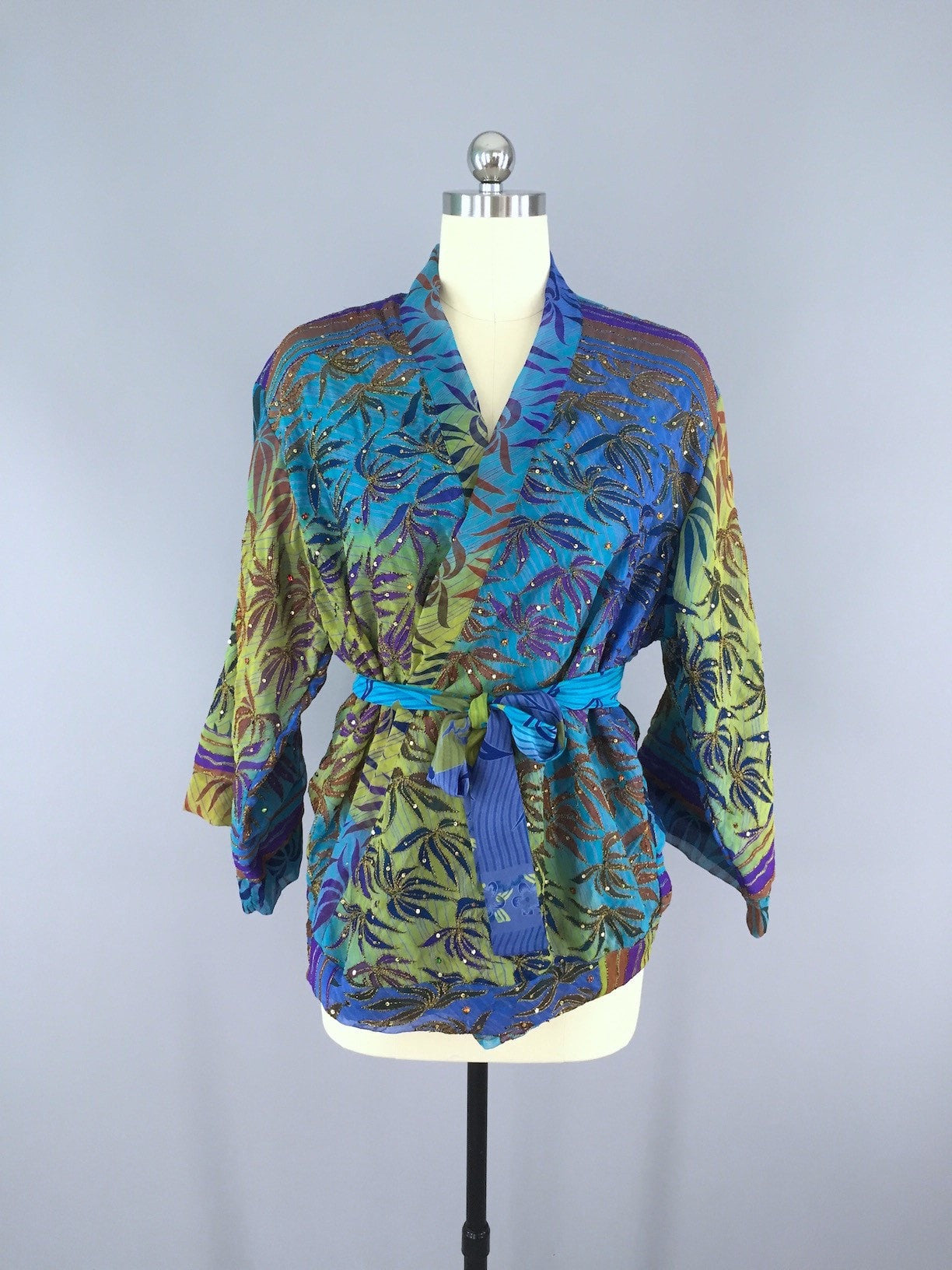 Silk Kimono Cardigan / Vintage Indian Sari / Turquoise Blue Palms ...