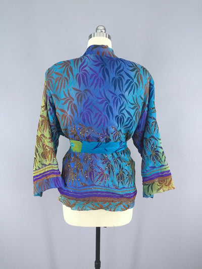 Silk Kimono Cardigan / Vintage Indian Sari / Turquoise Blue Palms ...