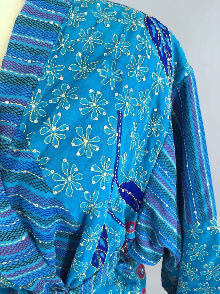 Silk Kimono Cardigan / Vintage Indian Silk Sari / Ocean Blue Floral ...