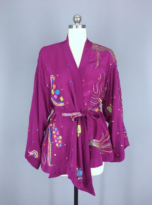 Silk Kimono Jacket / Vintage Indian Sari / Purple Embroidered Kimono