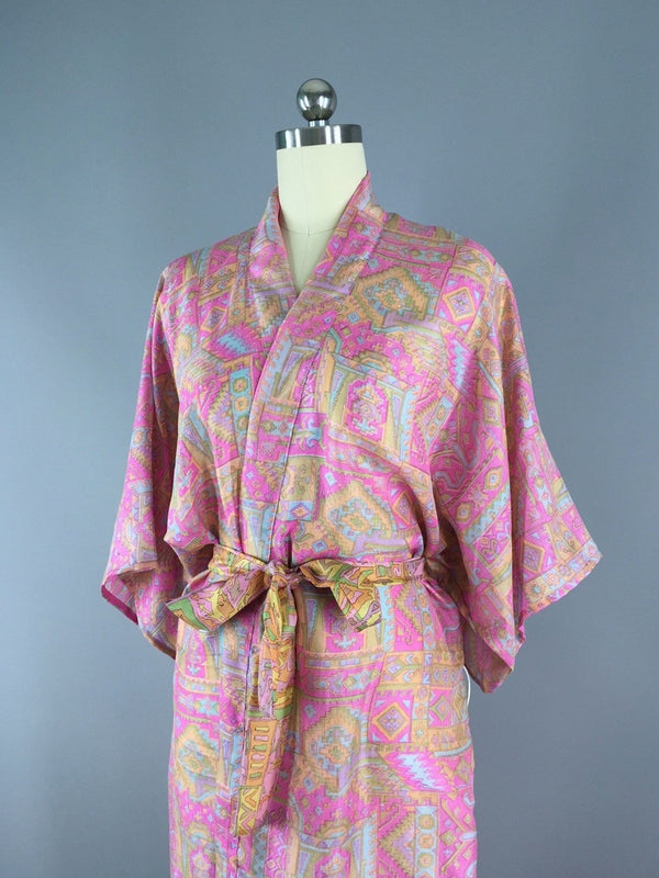 Silk Sari Robe / Pink Abstract Print