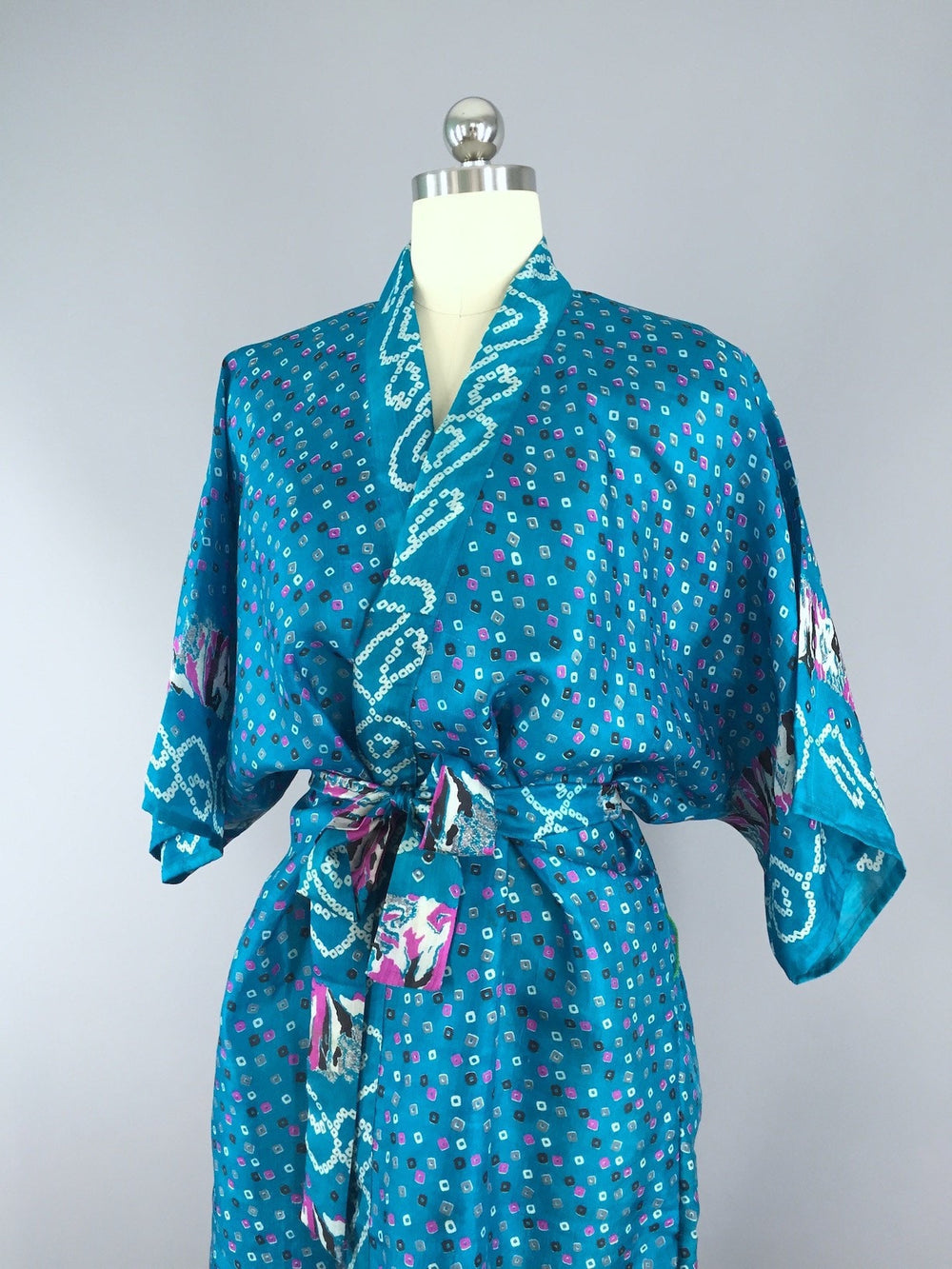 Silk Sari Robe / Turquoise Polka Dots