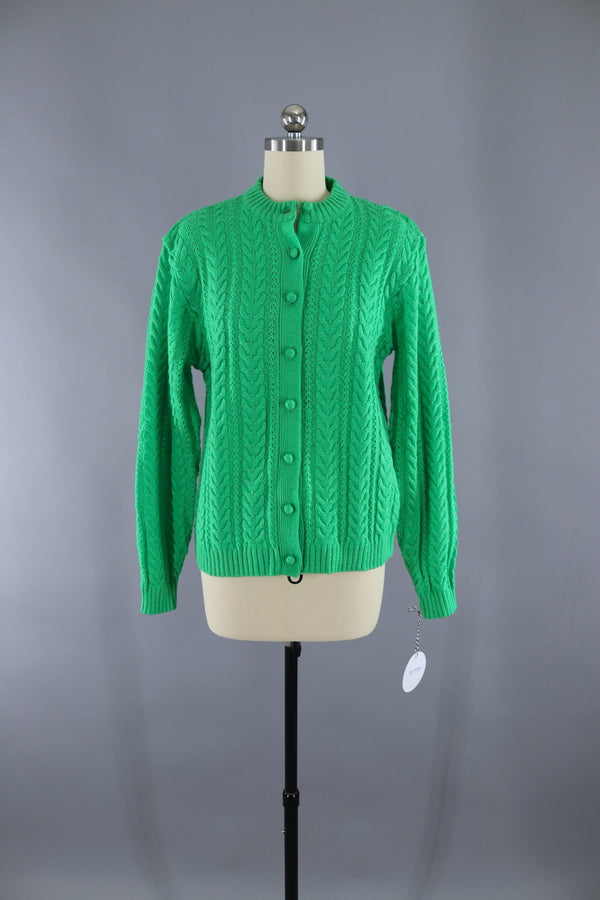 Vintage Kelly Green Cable Knit Cardigan Sweater
