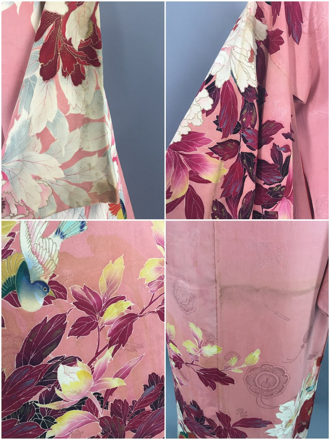 Vintage 1910s-1920s Vintage Silk Kimono Robe / Pink Birds & Floral Pri ...