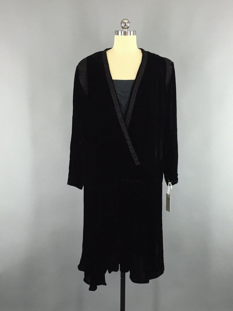 Vintage 1920s Black Velvet Flapper Dress with Slip