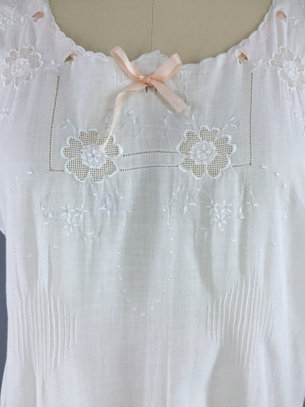 Vintage 1920s Embroidered White Cotton Nightgown