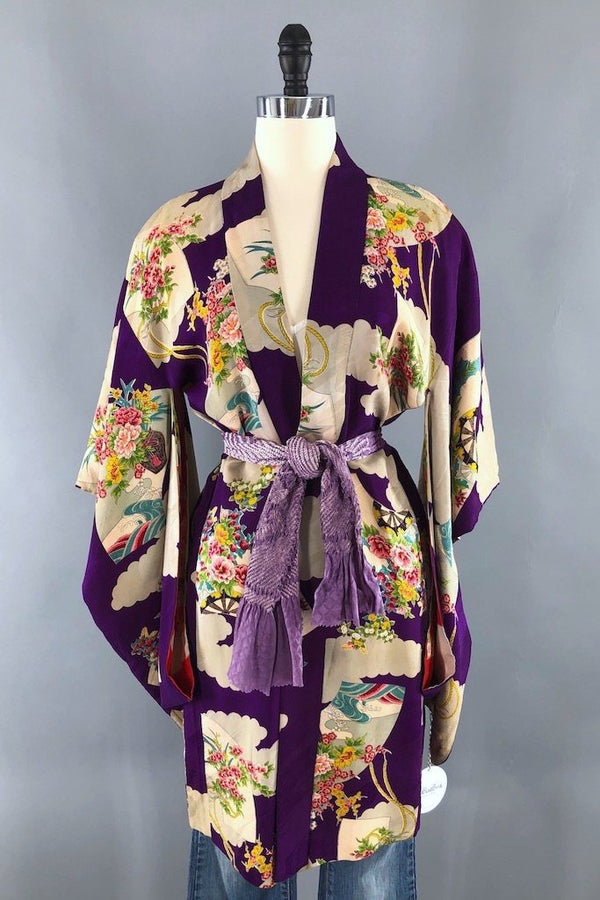 Vintage 1920s Silk Kimono Cardigan / Purple Floral Print
