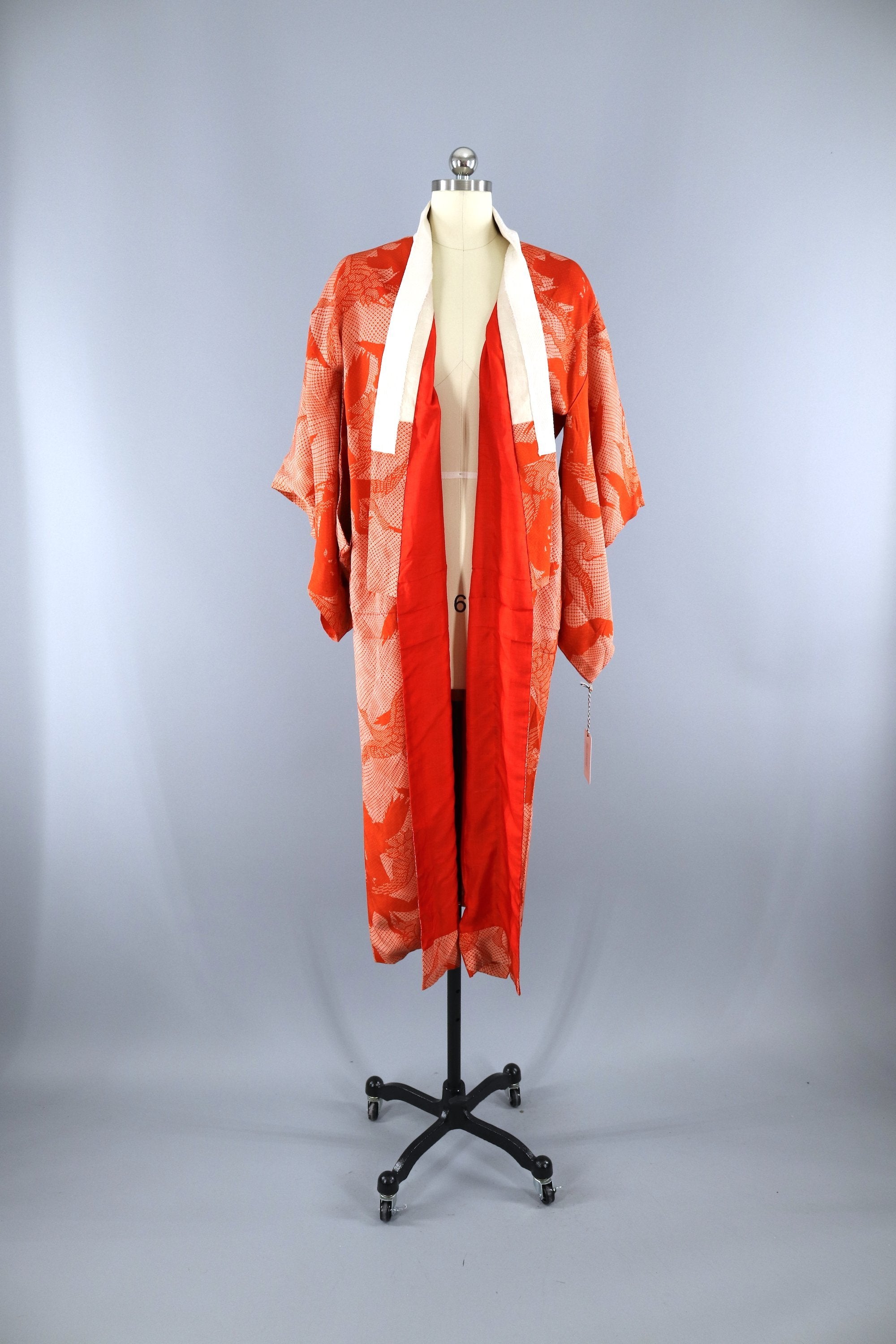 Vintage 1930s 1940s Silk Kimono Robe / Red Orange Cranes Shibori Print