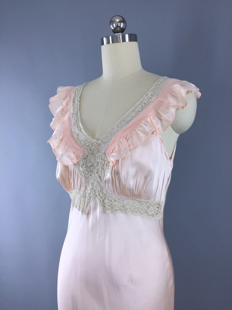 Vintage 1930s Bias Cut Peach Satin Nightgown