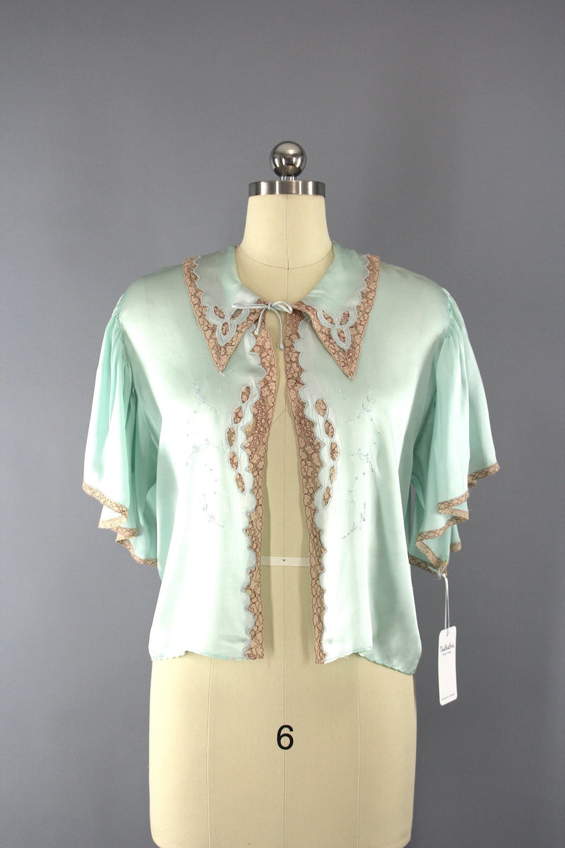 Vintage 1930s Green Silk Satin Bed Jacket Loungewear