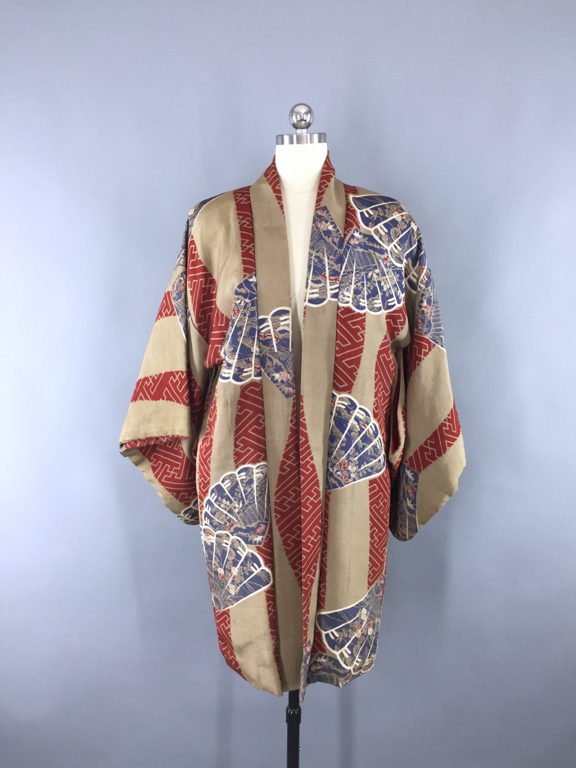Vintage 1930s Silk Haori Kimono Cardigan / Brown Blue Fan Print ...