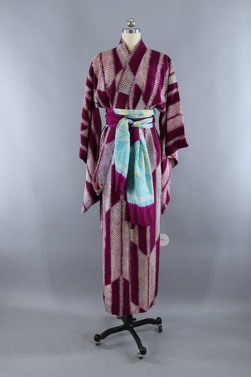 Vintage 1930s Silk Kimono Robe / Magenta Purple Shibori